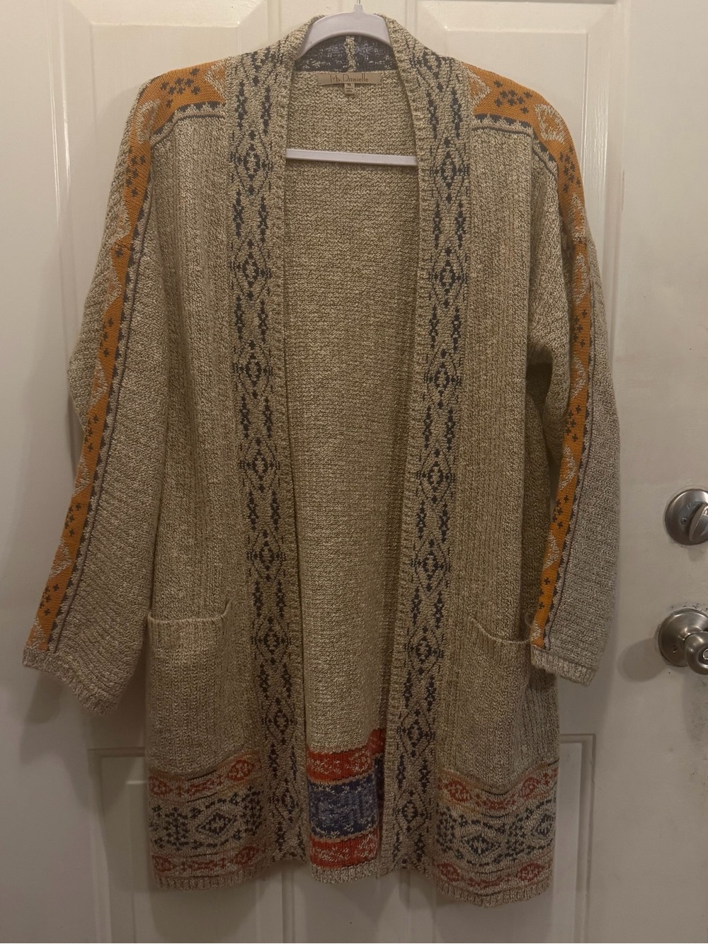 Cream Fair Isle Open-Front Cardigan with Mustard Accent Boho Size Medium